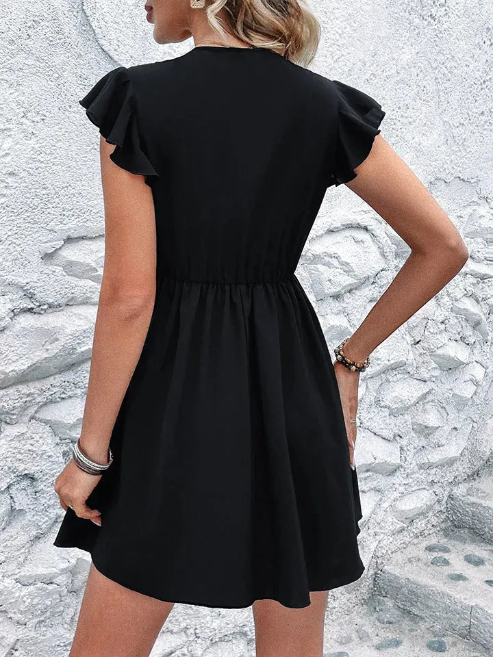 Deep V Flutter Sleeve Mini Dress Casual Dresses - Tophatter Daily Deals